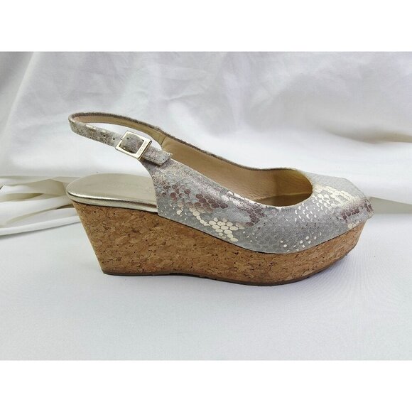 Jimmy Choo Size 38.5 (US 8.5) Womens Snake Print Peep Toe Sling Back Logo Wedge - Picture 4 of 16